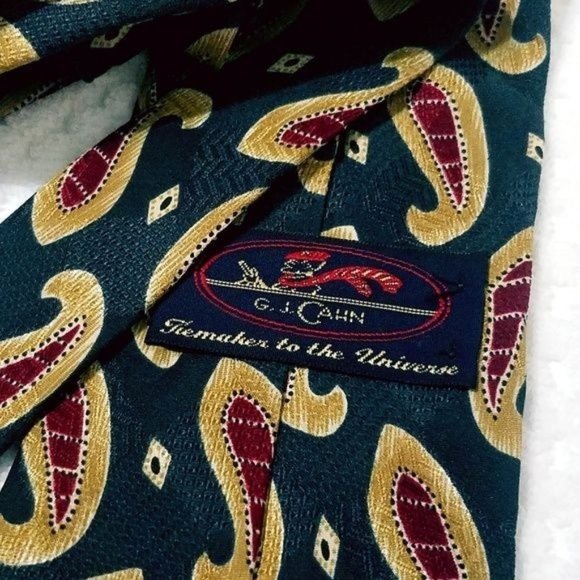 Mens GJ Cahn Green Maroon Paisley Print Silk Necktie - Picture 2 of 3